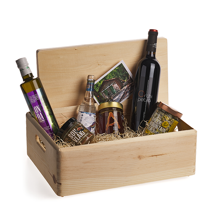 Grosse Geschenk-Box mit Olivenöl, Gewürz, Tee und Honig, Wein und Ouzo